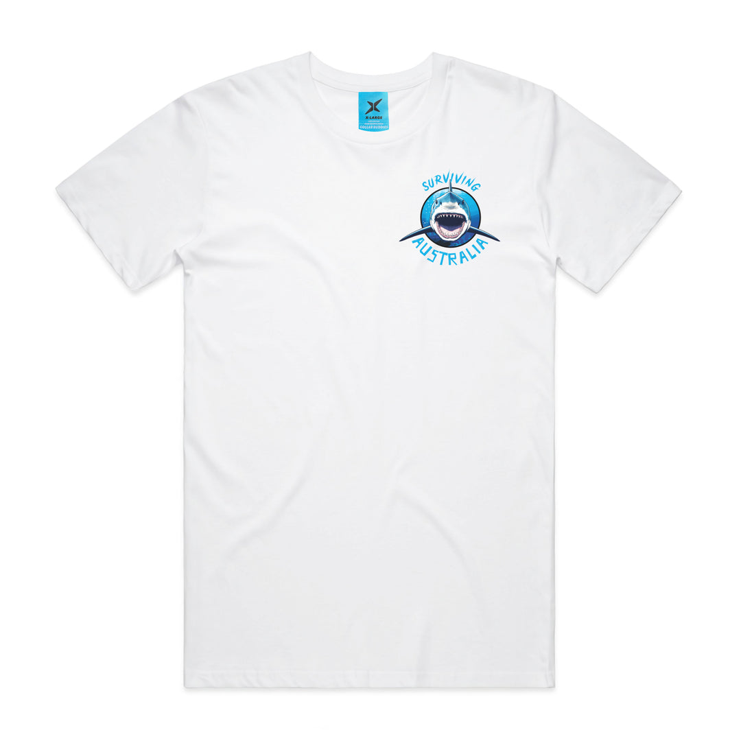 Collab Buddies Surviving Australia Shark t-shirt white featuring a shark attacking a diver, perfect for beachwear and summer fashion