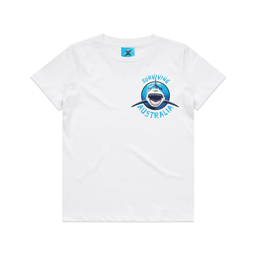 Collab Buddies Surviving Australia Shark t-shirt white featuring a shark attacking a diver, perfect for beachwear and summer fashion